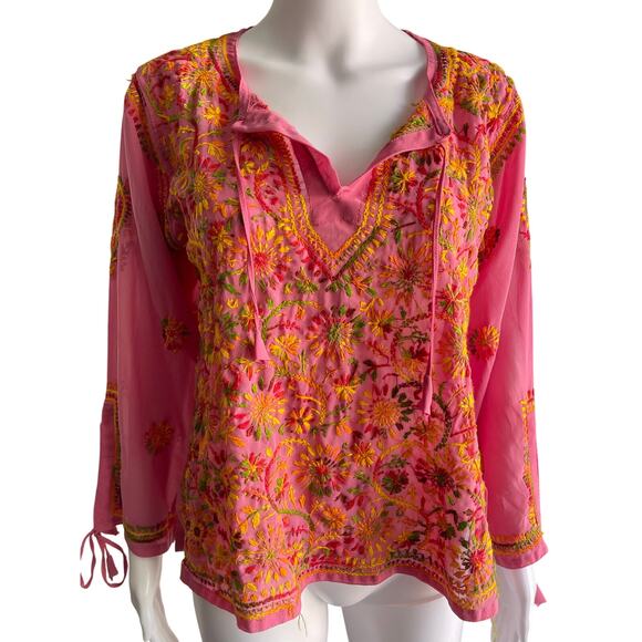 Embroidered Top Bohemian Tunic Flowers Vneck Hippy Sheer Pink Size Small - Picture 5 of 5